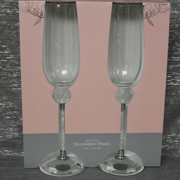 DAVID TUTERA SILVER RHINESTONE SPARKLE CRYSTAL WEDDING DECORATIVE FLUTES - S/2 - Picture 7 of 7